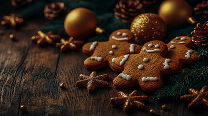 Festive holiday gingerbread cookies and ornaments on rustic wood background