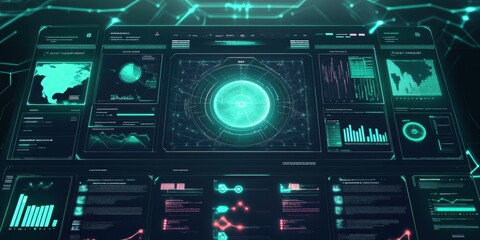 Obraz premium Futuristic user interface displaying data analysis and visualization with glowing elements and interactive graphs.