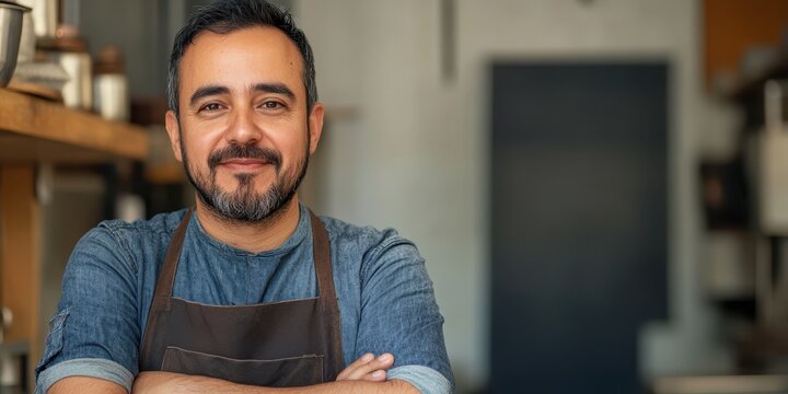 Portrait of a smiling chef in a cozy kitchen setting, showcasing culinary expertise and passion for cooking.