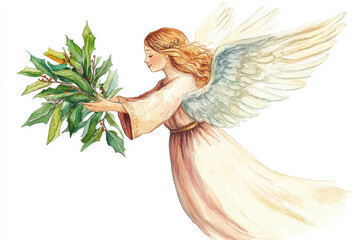 Watercolor christmas angel delicately holding a holly branch, symbolizing peace and joy during the holiday season
