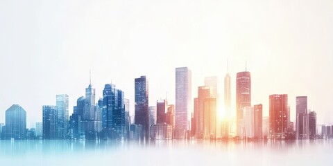 Fototapeta premium Stunning skyline view with modern skyscrapers illuminated by sunset in a vibrant city atmosphere.