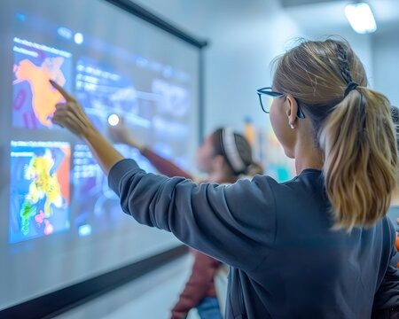 Teachers and workers using interactive smart boards and digital tablets to enhance learning and engagement