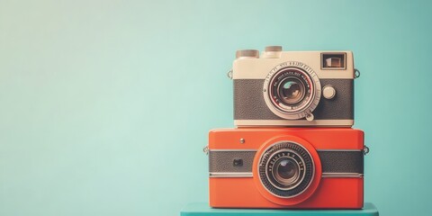 Fototapeta premium Two classic cameras stacked on a vibrant background, showcasing vintage design perfect for photography enthusiasts.