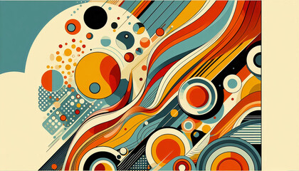 Obraz premium A colorful abstract design featuring flowing waves and circles, creating a retro-inspired visual filled with dynamic shapes and vibrant tones