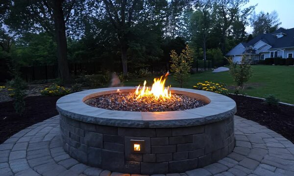Circular outdoor stone paver firepit with fire blazing inside and subtle recessed lighting hidden around the base Video