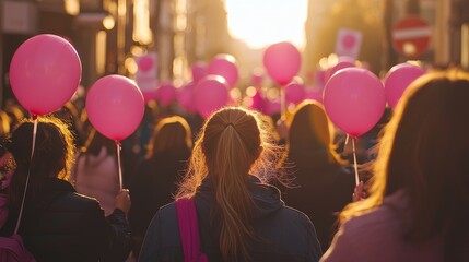 Vibrant World Cancer Day scene with crowds holding pink balloons in golden sunset light.