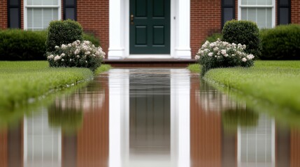 The front yard of a brick suburban home is submerged in floodwater