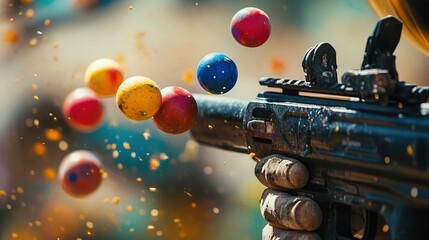 Paintball gun firing colorful balls with dynamic splatter