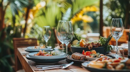 A beautifully arranged dining table set in a serene garden is adorned with an array of delicious food, creating an inviting atmosphere for a delightful meal outdoors.