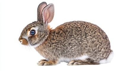 Obraz premium A grey rabbit is gracefully positioned against a white background, showcasing its soft, velvety fur and expressive features.