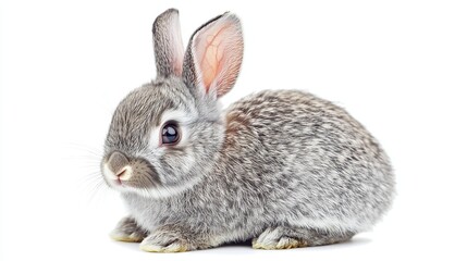 Obraz premium A grey rabbit is gracefully positioned against a white background, showcasing its soft, velvety fur and expressive features.