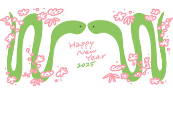 見つめ合う二匹の蛇と松竹梅の年賀状　2025 手描きイラスト