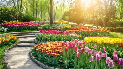 Vibrant Tulip Garden Under Bright Sunlight