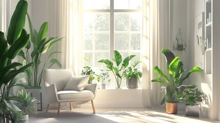 The interior of a light-filled living room features a large window that allows natural sunlight to flood the space, creating a warm and inviting atmosphere.