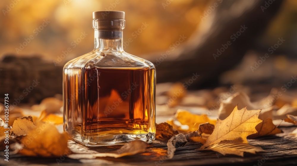 Poster a close-up of a whiskey bottle resting on rustic wood surrounded by autumn leaves during a tranquil 