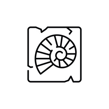 recommend clip art: Fossilized ammonite icon. Minimal line art depicting a spiral ammonite fossil encased in a cracked square frame. Perfect for archaeological and fossil-related projects. Vector illustration
