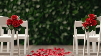 Garden wedding ceremony, aisle lined with roses and petals, 3D illustration