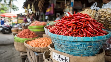 Fototapeta premium In the vibrant city of Pekanbaru, Indonesia, the ingredients for chili paste are artfully arranged on a traditional 