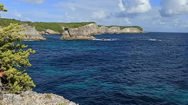 The cliffs and landscape of coast in Caye Plate, Marie Galante, lesser antilles island in Guadeloupe archipelago, short hd video