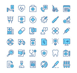 Healthcare icons. Outline symbols. Vector blue line icons set