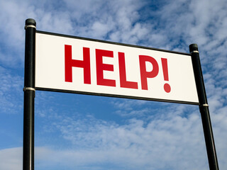A metal sign with bold red HELP! text against cloudy sky