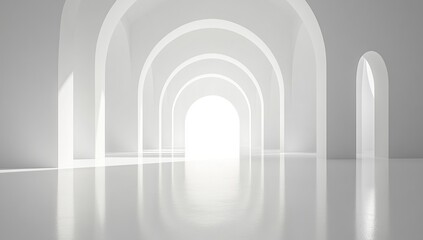 White geometric shapes and arches in an empty room with bright light from the center