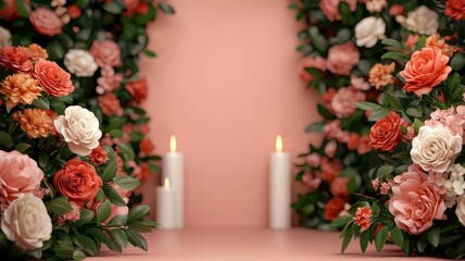 Obraz premium Classic wedding, church aisle with floral arrangements and candles, 3D illustration