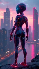 Futuristic Character with Circuit Body and Glowing Nodes Against Neon-Lit Skyline