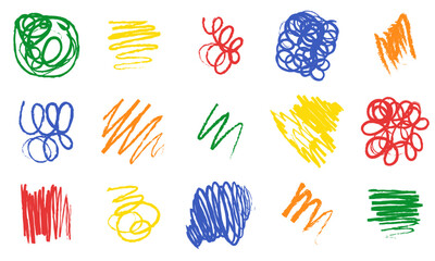 Colorful charcoal strokes, lines, squiggle, swirls and shapes set. Hand drawn vector abstract shapes and lines drawn with pencil or bright colored charcoal. Circles, scribbles and smears.