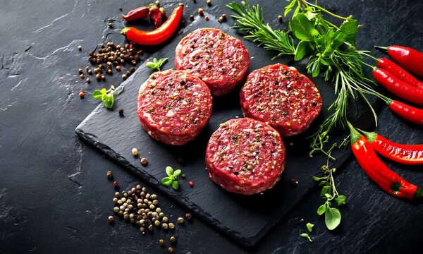 Fresh raw meat burger cutlet on the black slate board with herbs and spices for background. Copy space, top view . Video
