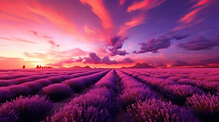 Wonderful nature vacation landscape. Amazing sunset scene blooming lavender flowers.