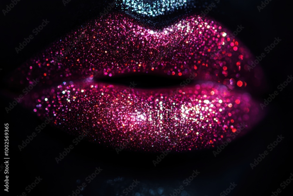 Aufkleber close-up view of glossy lips reflecting light with a vibrant shiny finish against a dark background.