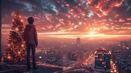 Standing before a glowing Christmas tree, a boy takes in the city's holiday charm.