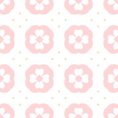 Seamless pink floral pattern with geometric shapes on white background