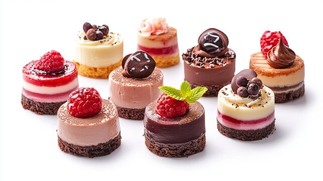 An assortment of exquisite cakes, each topped with vibrant fruit jelly and elegant chocolate decorations.