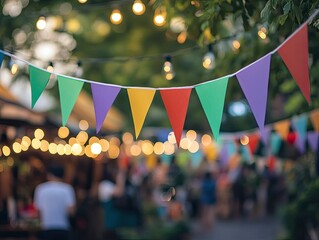  A vibrant and colorful bunting banner with small triangular flags hanging in the air, capturing festive scenes of celebration or special events like birthday party. Created with Ai