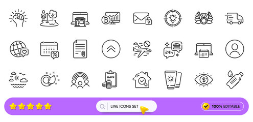 Swipe up, Business vision and Paint brush line icons for web app. Pack of Cancel flight, Inspect, Sunscreen pictogram icons. Truck delivery, World brand, Headshot signs. Laureate medal. Vector