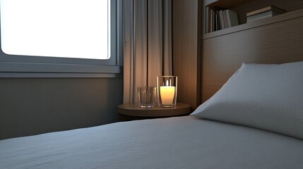 First class cabin interior features a plush armchair and candlelit table, bathed in warm golden-hour light, while outside a dark night sky complements the serene atmosphere.