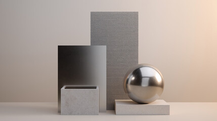Minimalist 3D Geometric Shapes with Metal, Concrete, and Plastic Textures on Neutral Background, generative ai