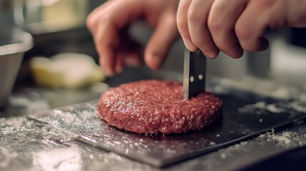 A close-up of a chef's hands and the equipment as he uses a burger press to make fresh, handmade ground beef patties at a takeout restaurant