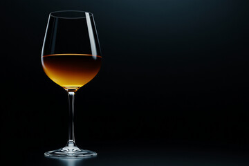 Elegant Wine Glass with Amber Liquid Set Against a Minimalist Dark Background