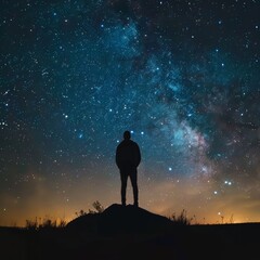 Fototapeta premium Solitude Under the Milky Way Lone Figure Contemplating the Cosmic Majesty of a Starry Night