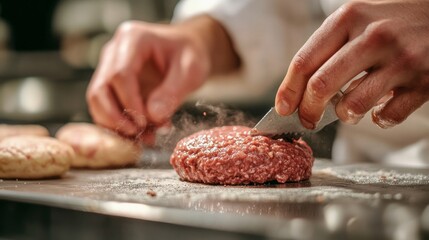 A close-up of a chef's hands and the equipment as he uses a burger press to make fresh, handmade ground beef patties at a takeout restaurant