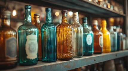 glass bottles showcased on a sturdy metal shelf, symbolizing modern organization, industrial design, and sleek storage solutions for stylish home or commercial interiors