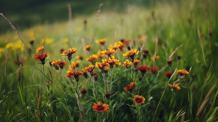 A vibrant display of wildflowers blooms in a lush green meadow during a sunny afternoon in the countryside