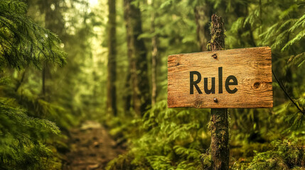 Wooden rule sign standing on a path in a forest