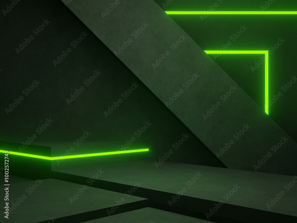 Canvas Prints Black concrete room background with green neon lights.