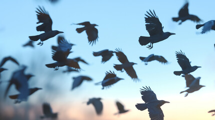 A large flock of crows flies in the sky. The birds covered the sky with their silhouettes