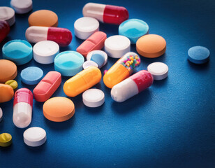 An assortment of various pills and capsules scattered across a blue surface, representing the complexity and variety of medications used in mental health treatment.
