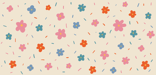 Hand drawn flowers Y2K naive seamless pattern. Vector colorful doodle funny confetti background in 70s groovy style